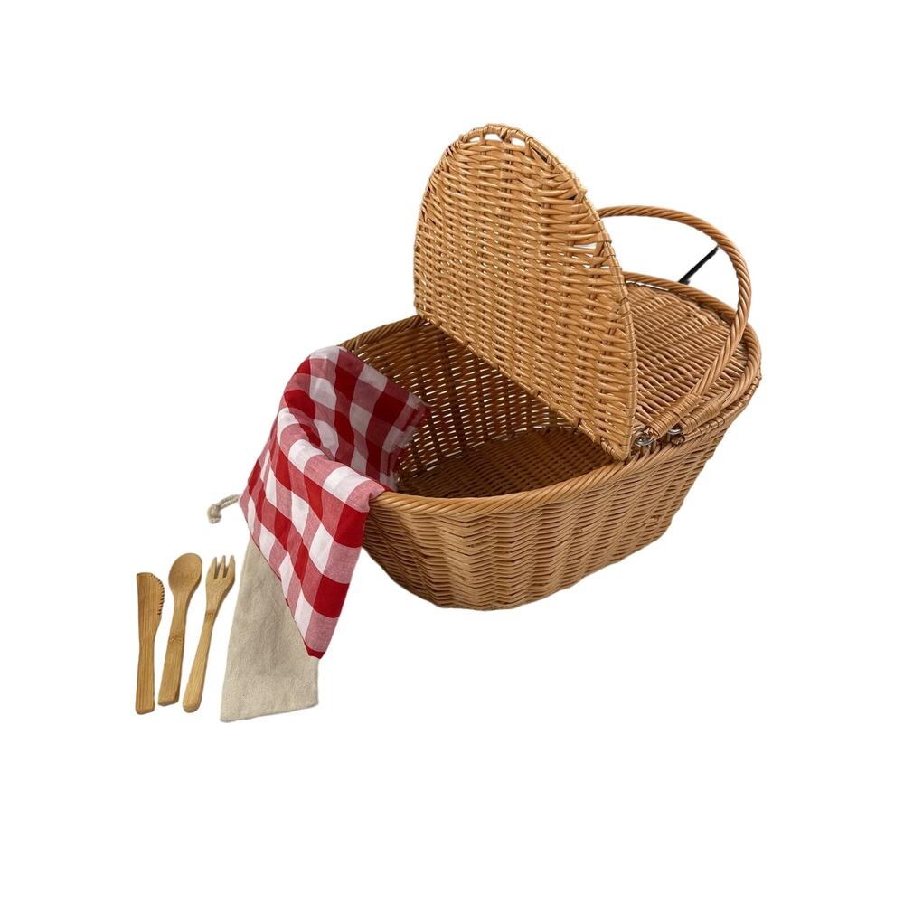 Wicker Picnic Basket with Checkered Cloth & Utensils